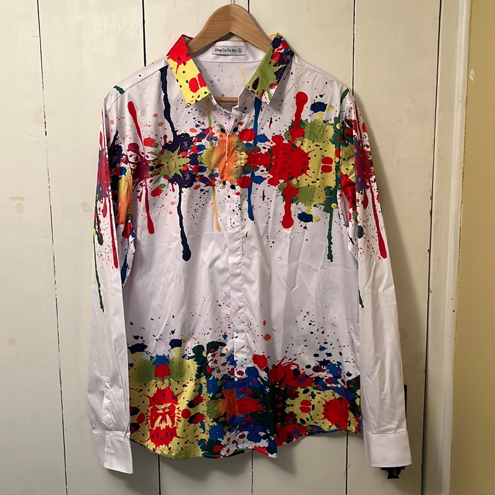 Ding Ge Fu Shi Paint Splatter Long Sleeve Button Down size XL